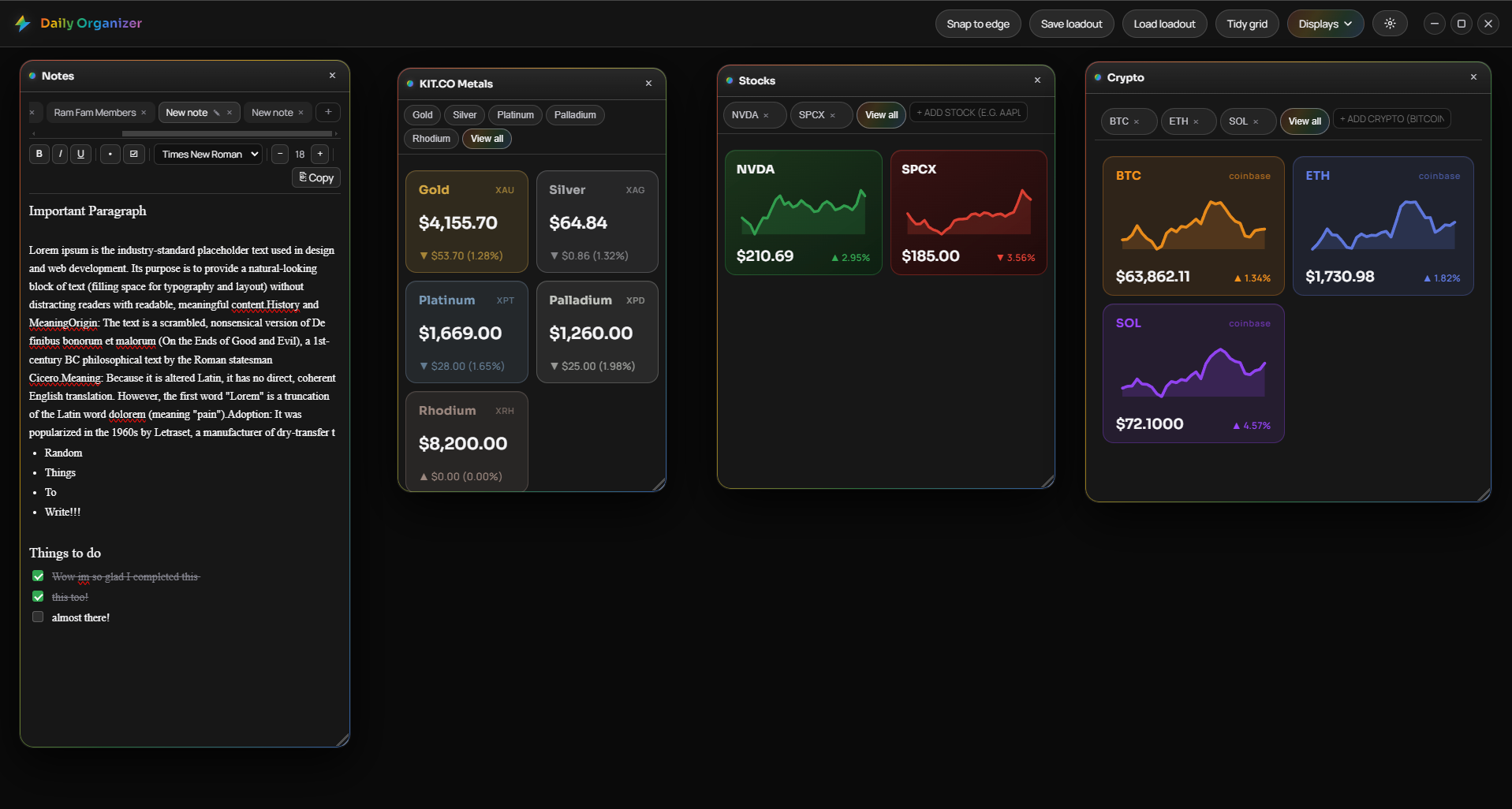 DayFrame showing stocks, crypto, metals and notes panels