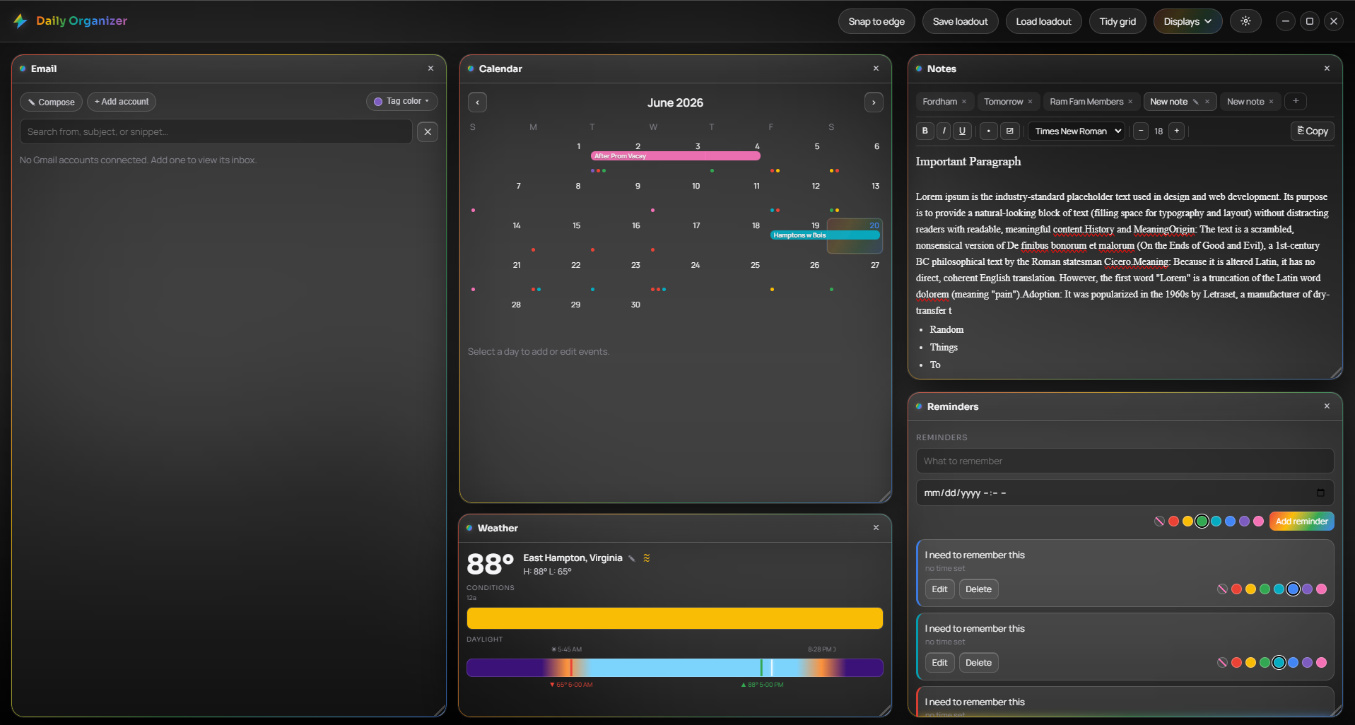 DayFrame showing email, calendar, notes and weather